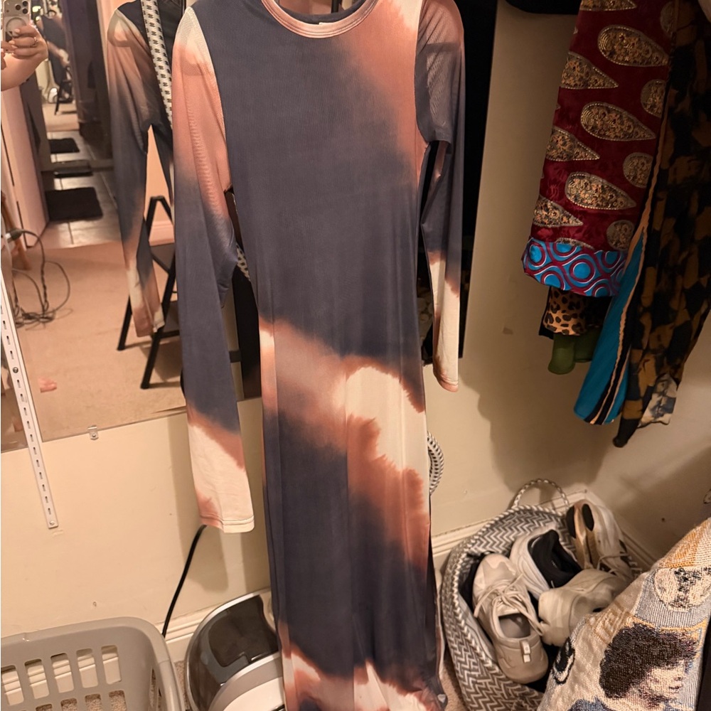 Long Sleeve Tie-Dye Maxi Dress in Blue and Peach